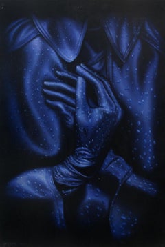 Trinity - Contemporary Figurative Painting, Surrealism, Monochromatic, Blue