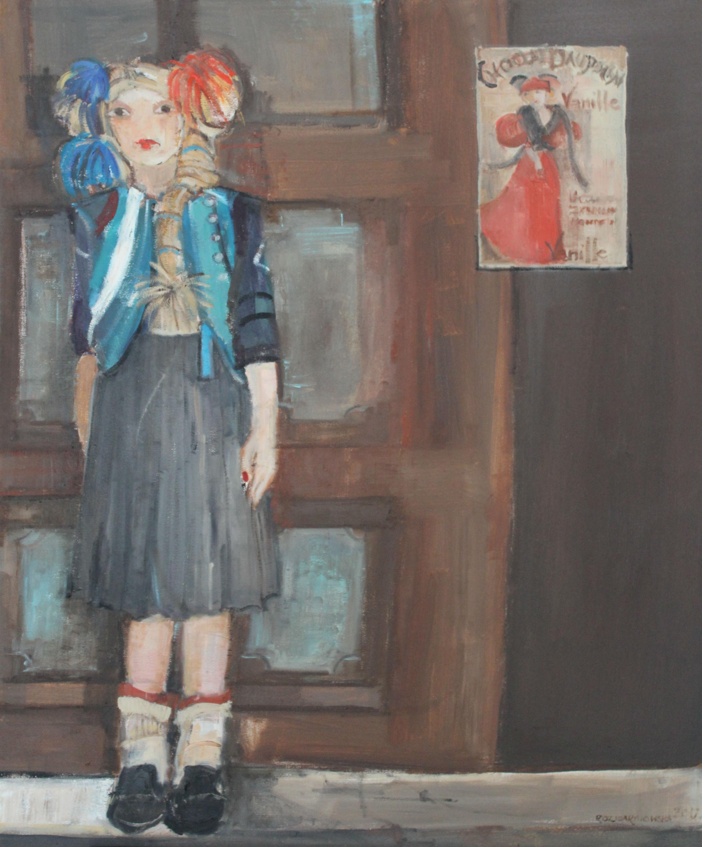 Malgorzata Rozmarynowska Portrait Painting – Girl with Pompoms - 21. Jahrhundert, Zeitgenössisches figuratives Ölgemälde