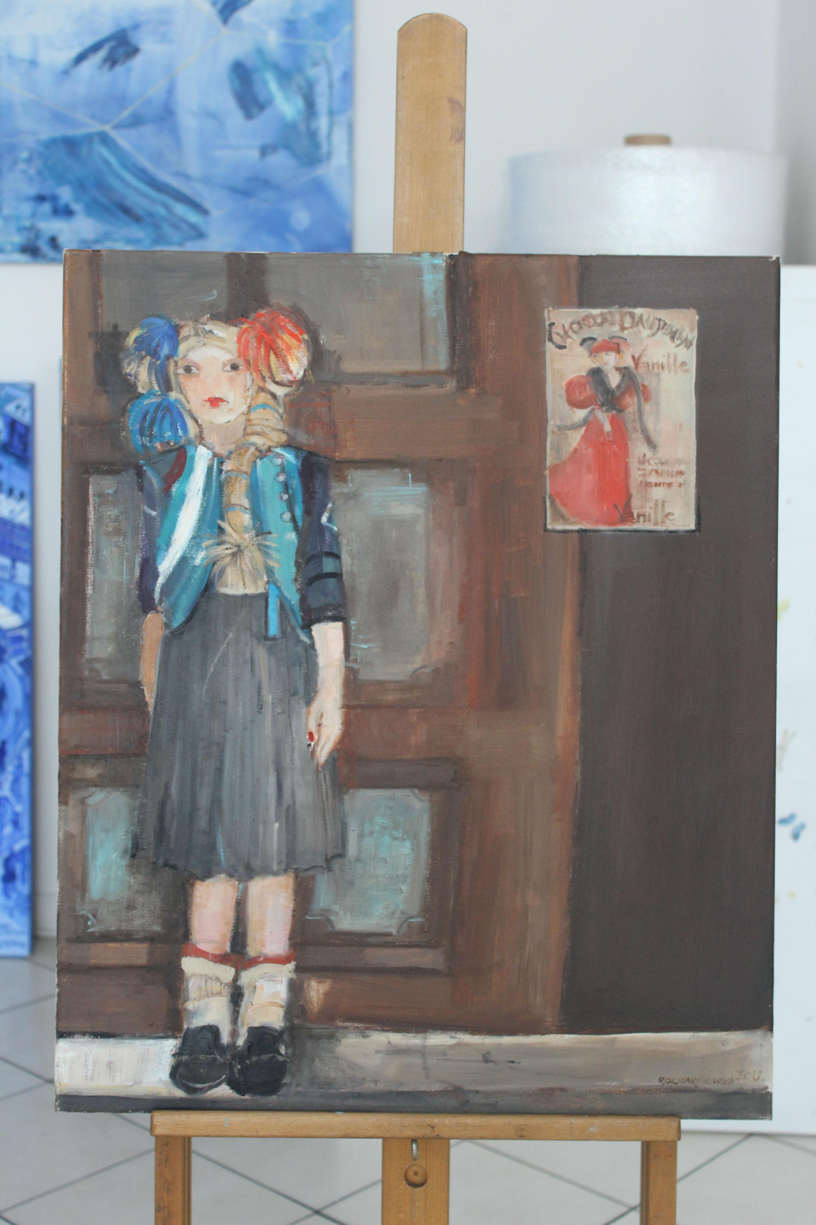 Jeune fille aux pompons - XXIe siècle, peinture à l'huile figurative contemporaine - Painting de Malgorzata Rozmarynowska