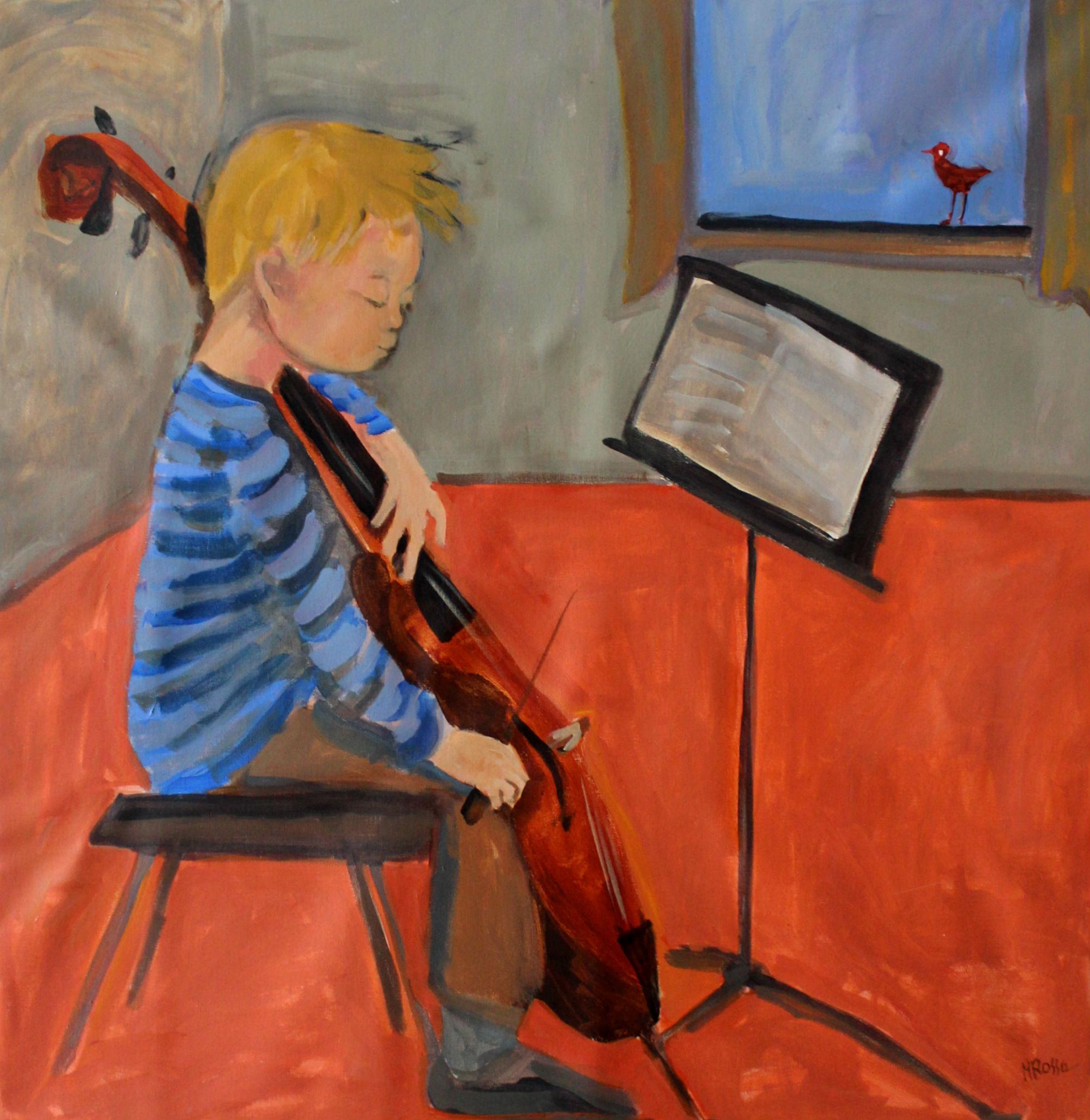 Monika Rossa Figurative Painting - Little cellist - XXI century Contemporary Figurative Oil Painting, Bright Colors