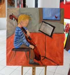 Piccolo violoncellista - Pittura ad olio figurativa contemporanea del XXI secolo, colori vivaci