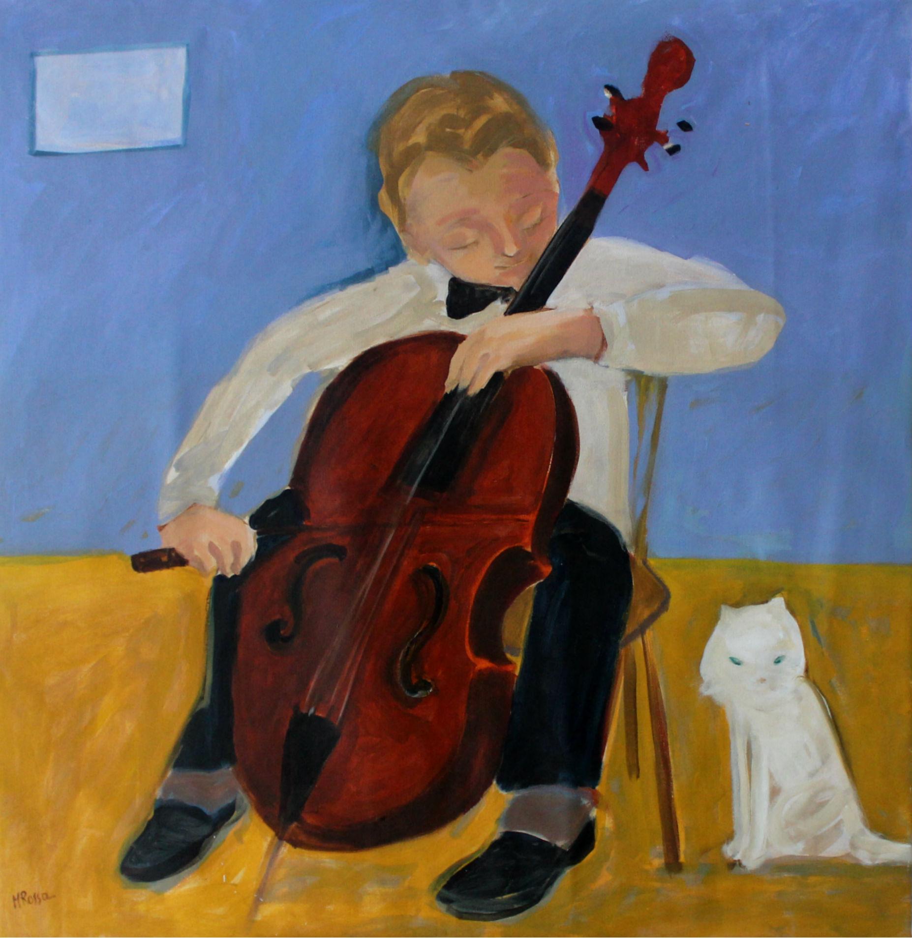 Monika Rossa Figurative Painting – Cellist - Zeitgenössisches figuratives Ölgemälde des 21. Jahrhunderts, leuchtende Farben, Musik