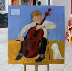 Cellist - Zeitgenössisches figuratives Ölgemälde des 21. Jahrhunderts, leuchtende Farben, Musik
