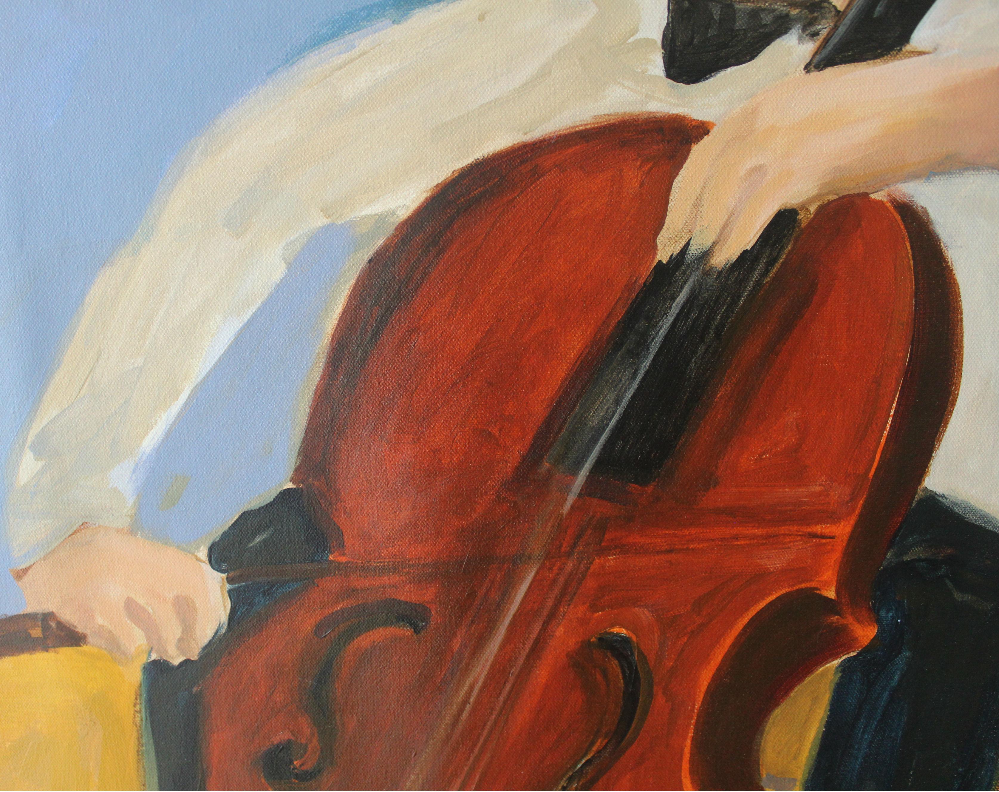 Cellist - Zeitgenössisches figuratives Ölgemälde des 21. Jahrhunderts, leuchtende Farben, Musik im Angebot 2