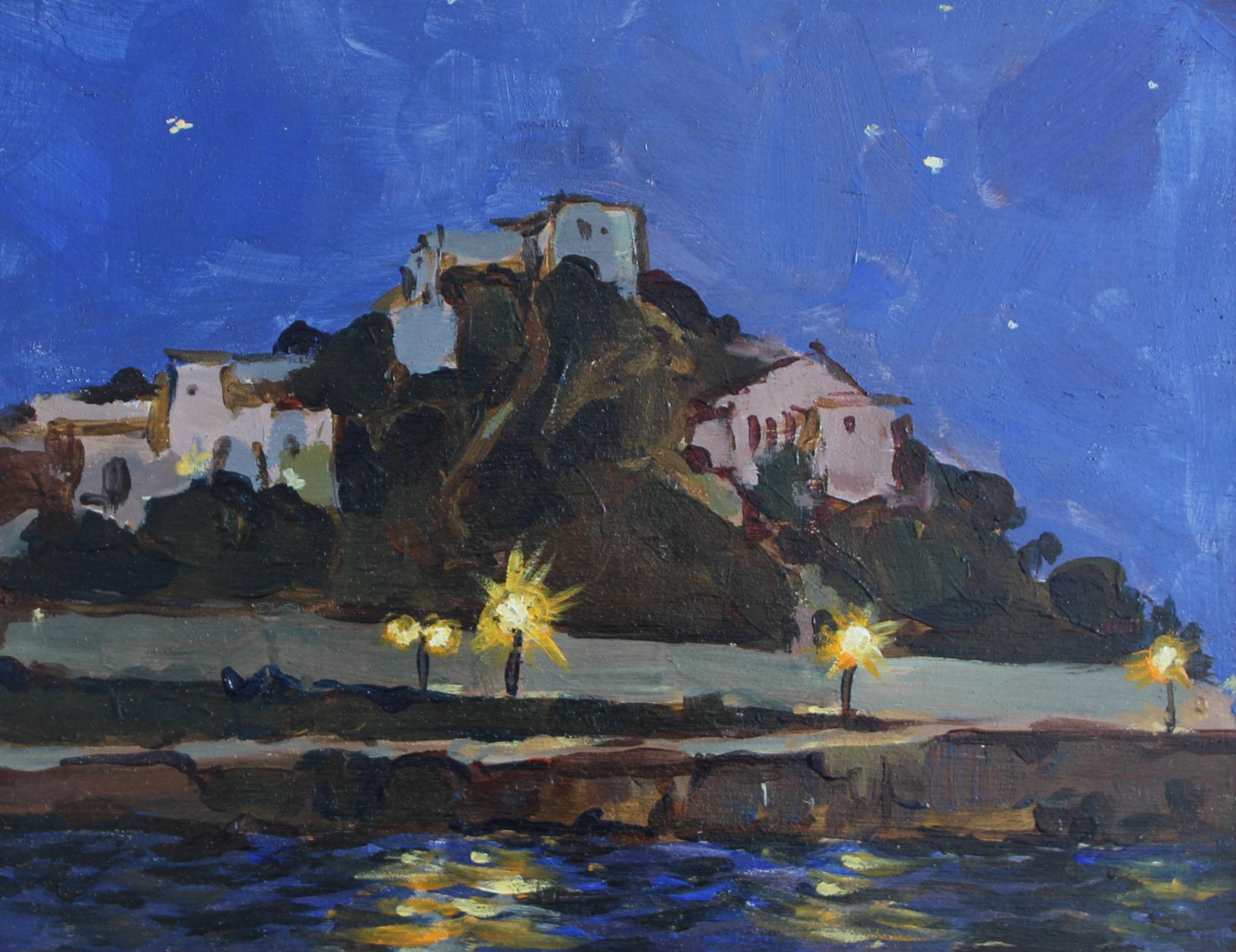 Janusz Szpyt Landscape Painting - Beach at night, Posidonia - Contemporary Landscape Oil Painting Realism Nocturn