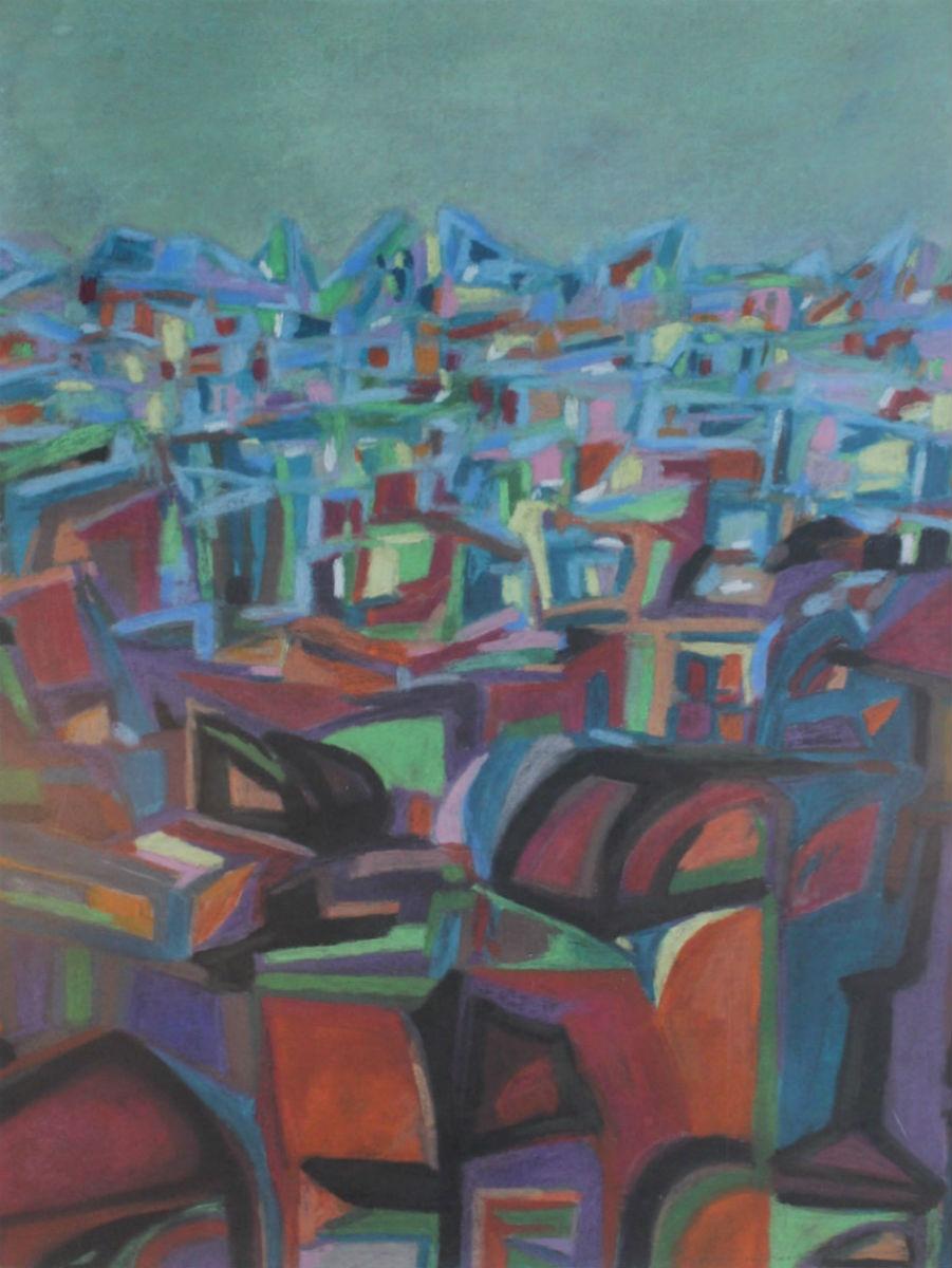 Malgorzata Kwiatkowska Abstract Drawing - City III - XX Century, Contemporary Abstract Pastel Drawing Colorful, Teal Color