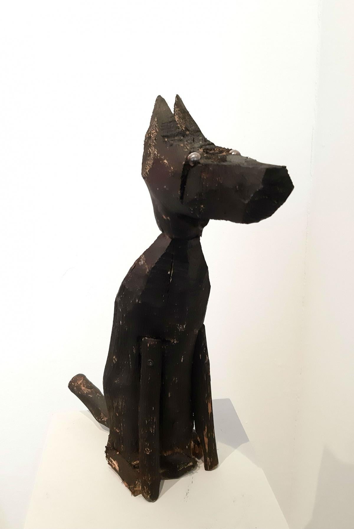 Jozef Wilkon Figurative Sculpture - Dog - Contemporary art, Figurative Naive wooden sculpture, Animals, XXI Century