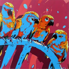 Parrots 01 - XXI Century, Oil Figurative Painting, Bright Colors, Pop Art