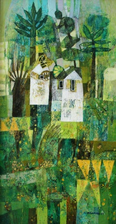 Spring landscape - Contemporary art, Figurative painting, Vibrant Green