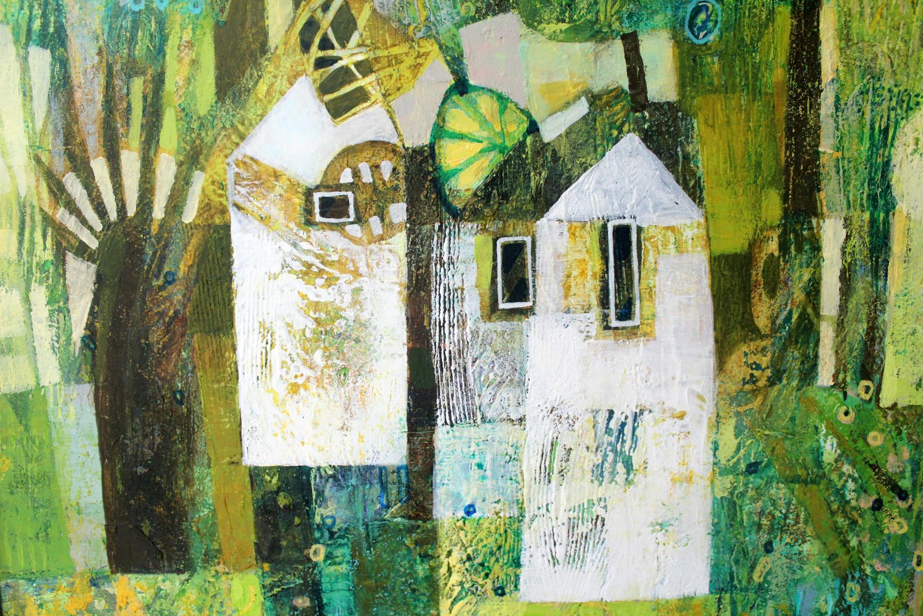 Spring landscape - Contemporary art, Figurative painting, Vibrant Green - Painting by Alicja Slabon-Urbaniak