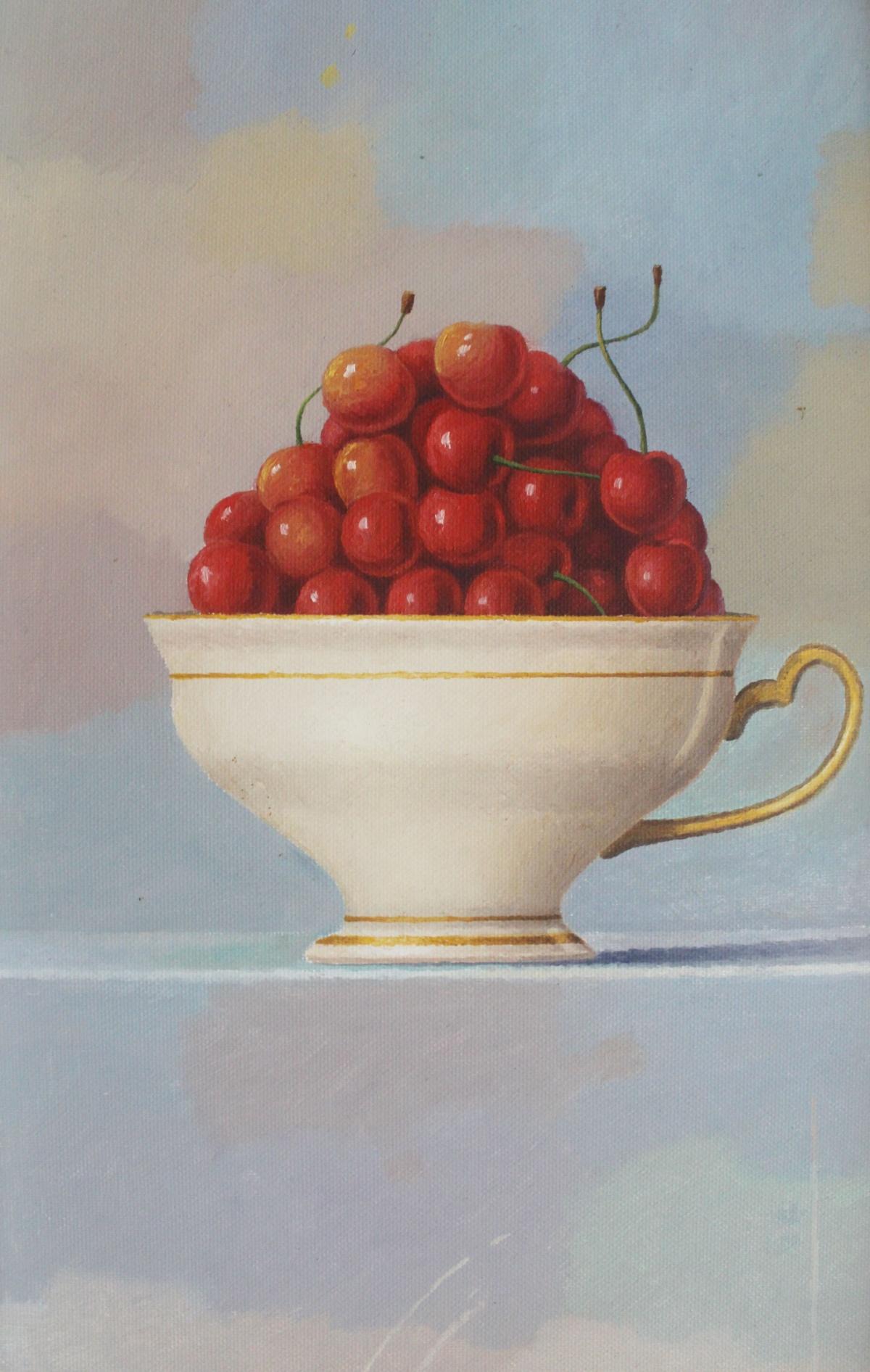 Cherries - XXI Century, Contemporary Still life Oil Painting, Realistic - Gray Still-Life Painting by Zbigniew Wozniak