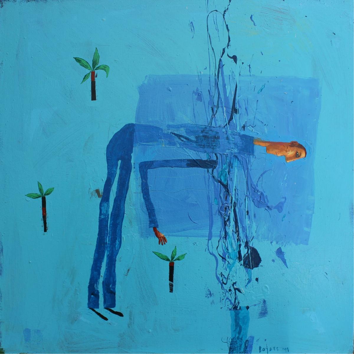 Geyser bath - XXI century, Acrylic figurative painting, Landscape, Vibrant Blue