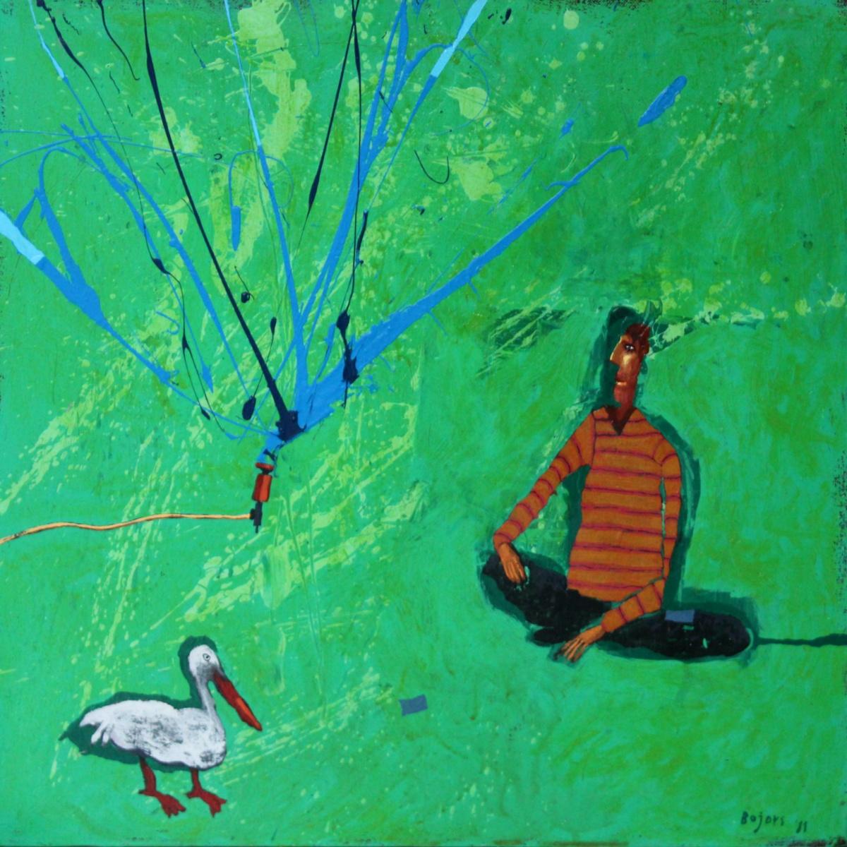 Encounter mit einem Vogel – figuratives Acryl-Gemälde, Landschaft, lebhaftes Grün