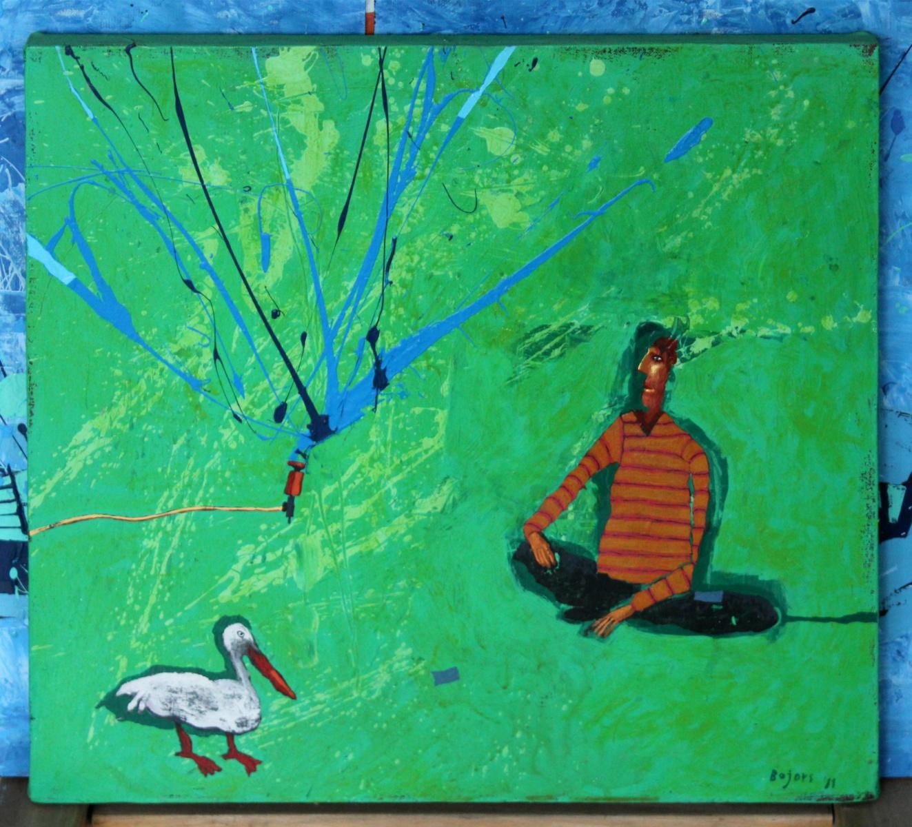 Encounter with a bird - Acrylic figurative painting, Landscape, Vibrant Green - Painting by Rafał Bojdys