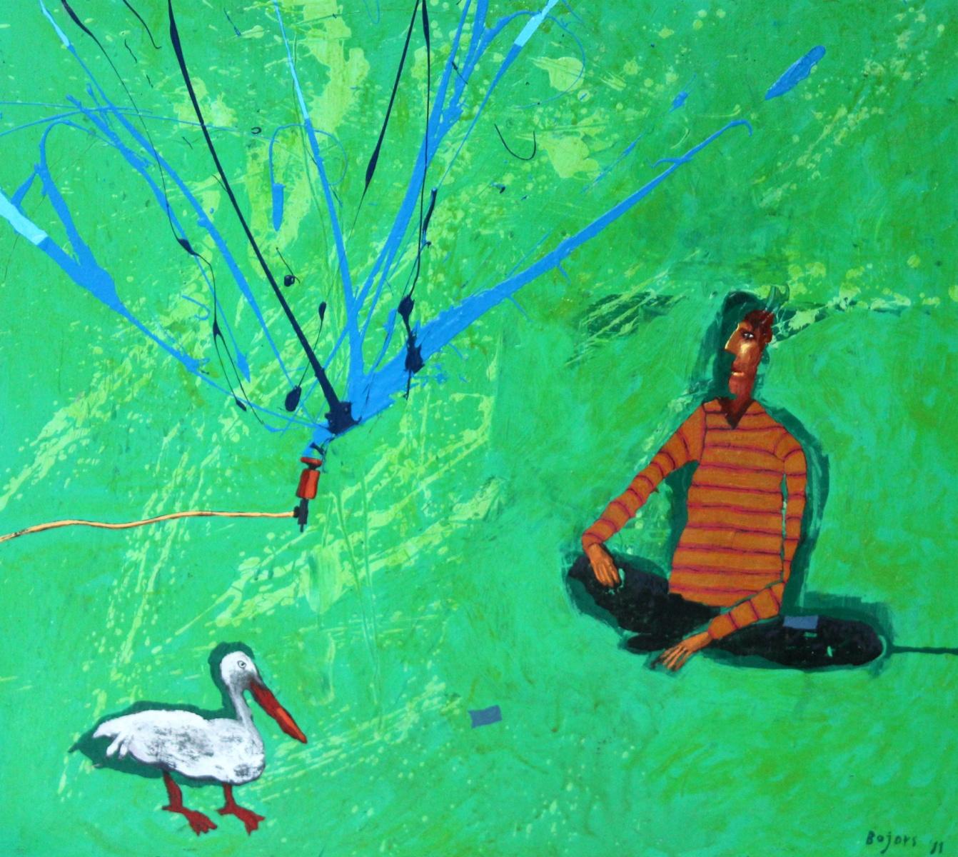 Encounter mit einem Vogel – figuratives Acryl-Gemälde, Landschaft, lebhaftes Grün (Zeitgenössisch), Painting, von Rafał Bojdys