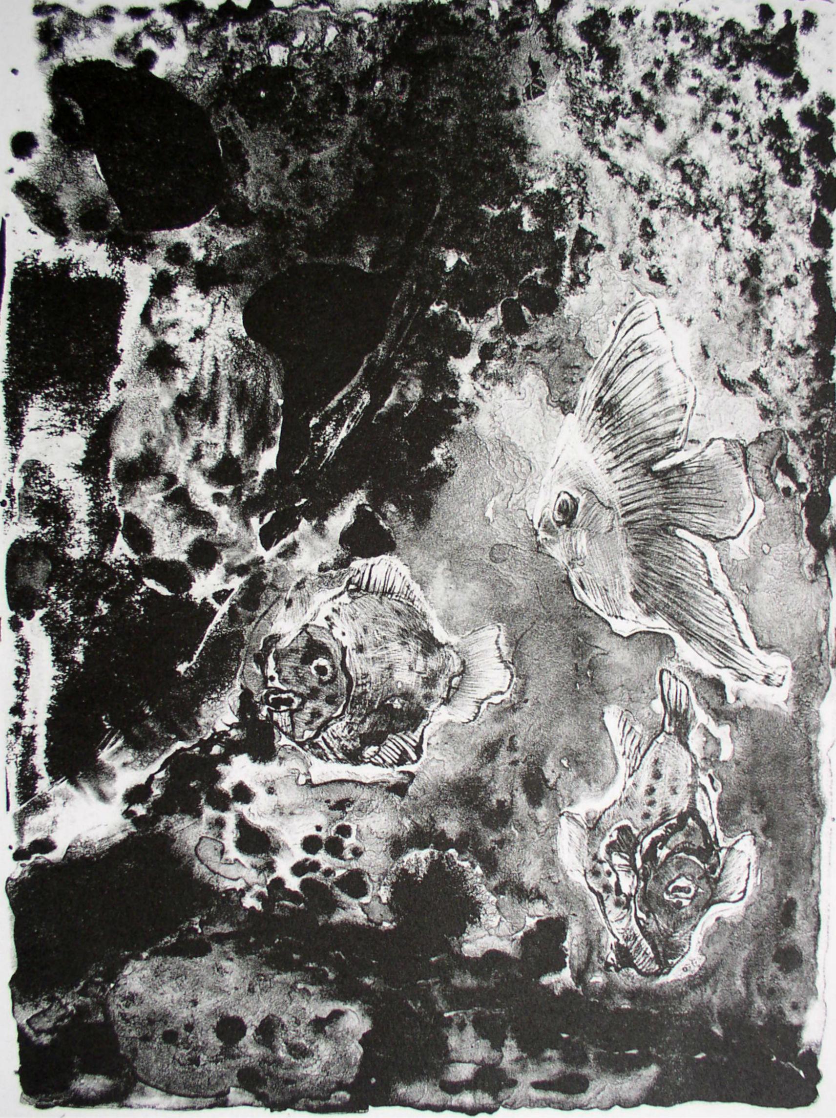 Fish - XXI Jahrhundert, Schwarz-Weiß-Lithografiedruck, Abstraktion, Tiere