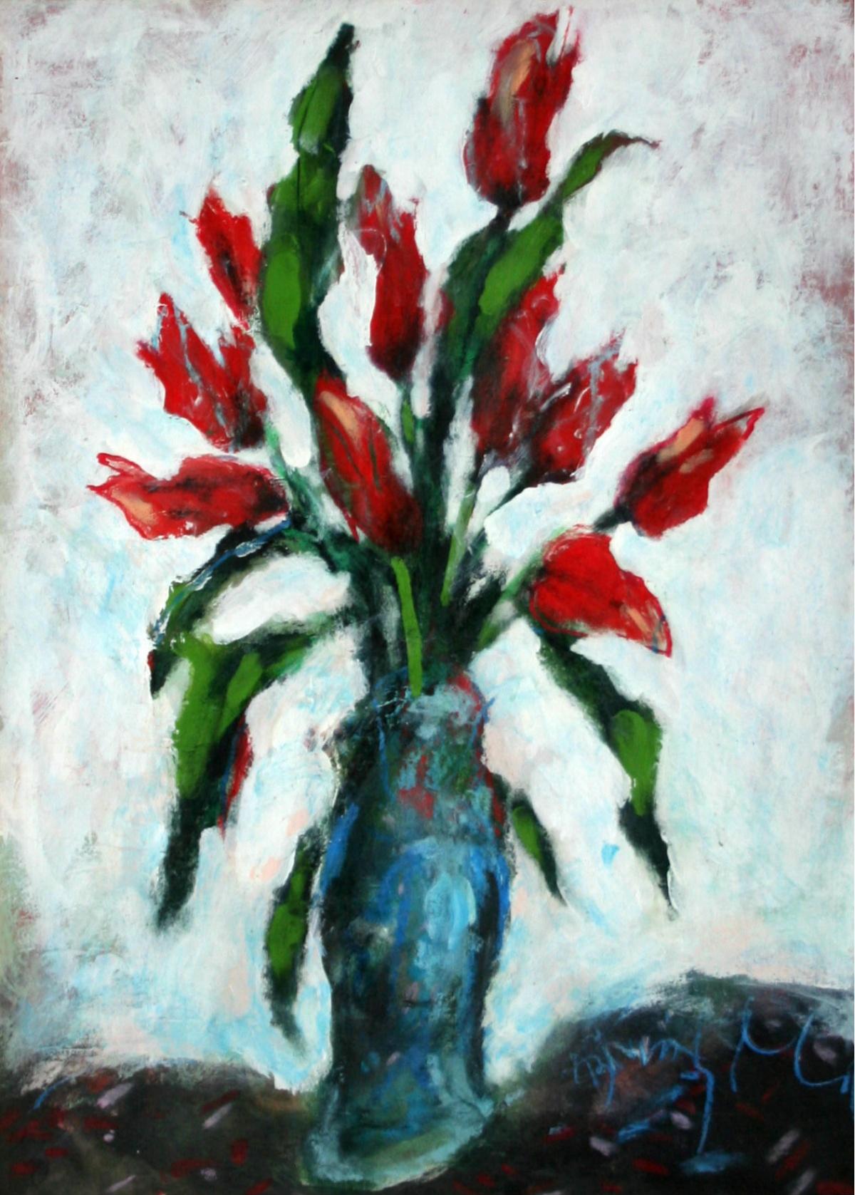 Andrzej Kreutz-Majewski Still-Life Painting - Tulips in a vase - XX Century, Contemporary Oil Painting, Flowers, Still life
