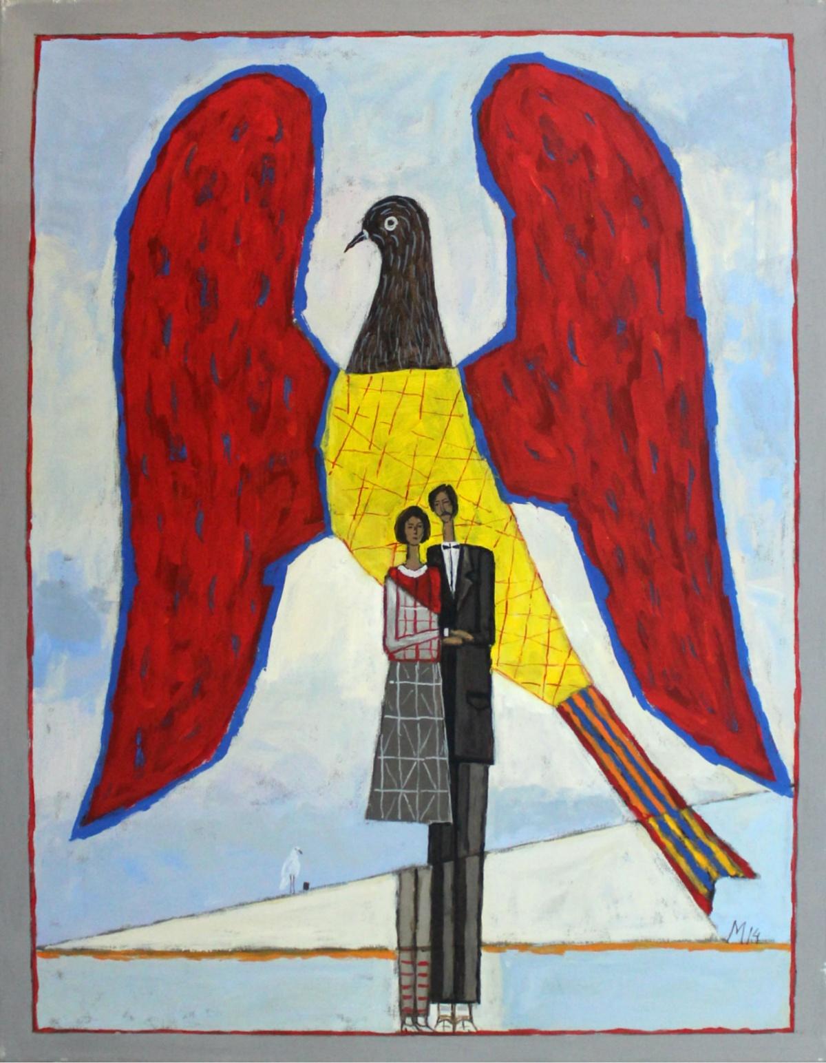 Sans titre - XXIe siècle, peinture à l'huile contemporaine, figurative, couple, oiseau