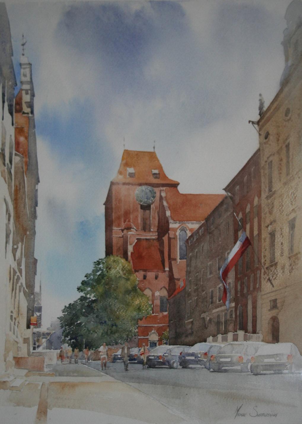 Zeglarska street in Torun - Contemporary Landscape Watercolour Painting, City 