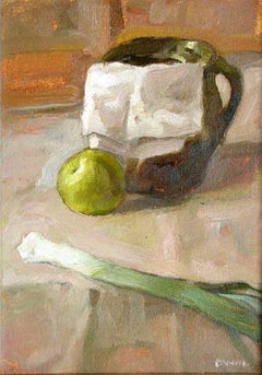 Still life with a leek - XXI century, Oil figurative painting, Brown tones