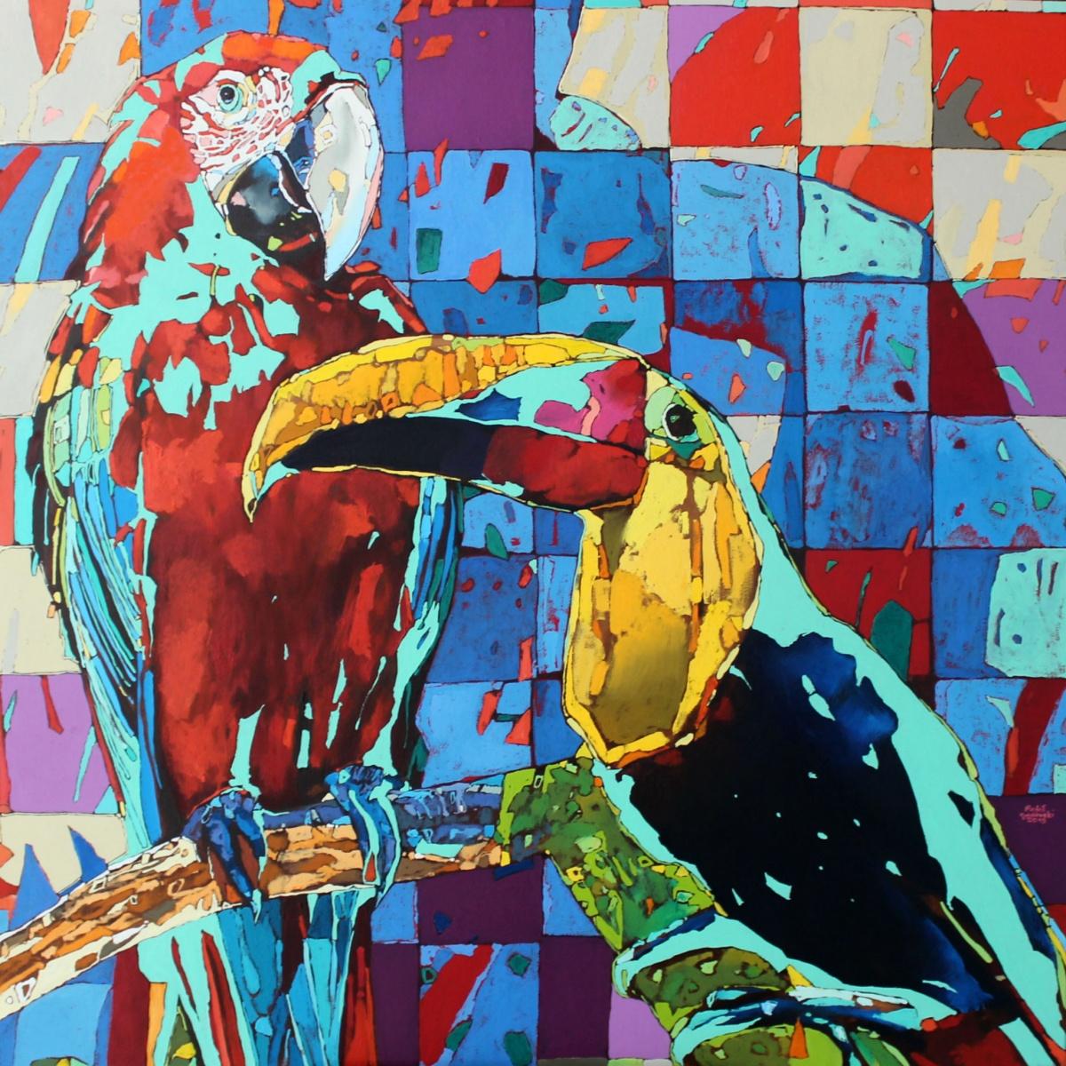 Rafał Gadowski Figurative Painting - Toucan and parrot - Figurative Oil painting, Animals, Colorful, Vibrant, Pop art