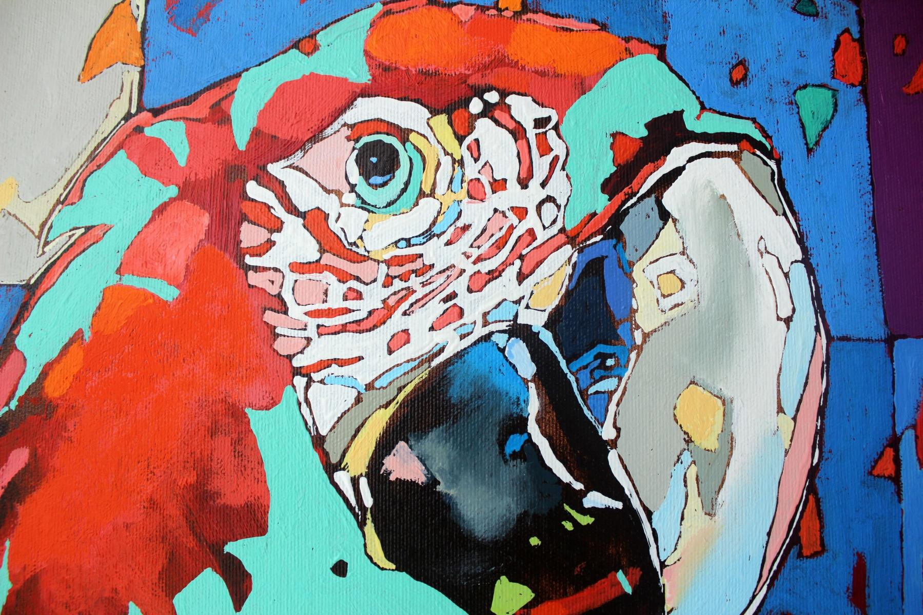 Toucan and parrot - Figurative Oil painting, Animals, Colorful, Vibrant, Pop art - Purple Figurative Painting by Rafał Gadowski