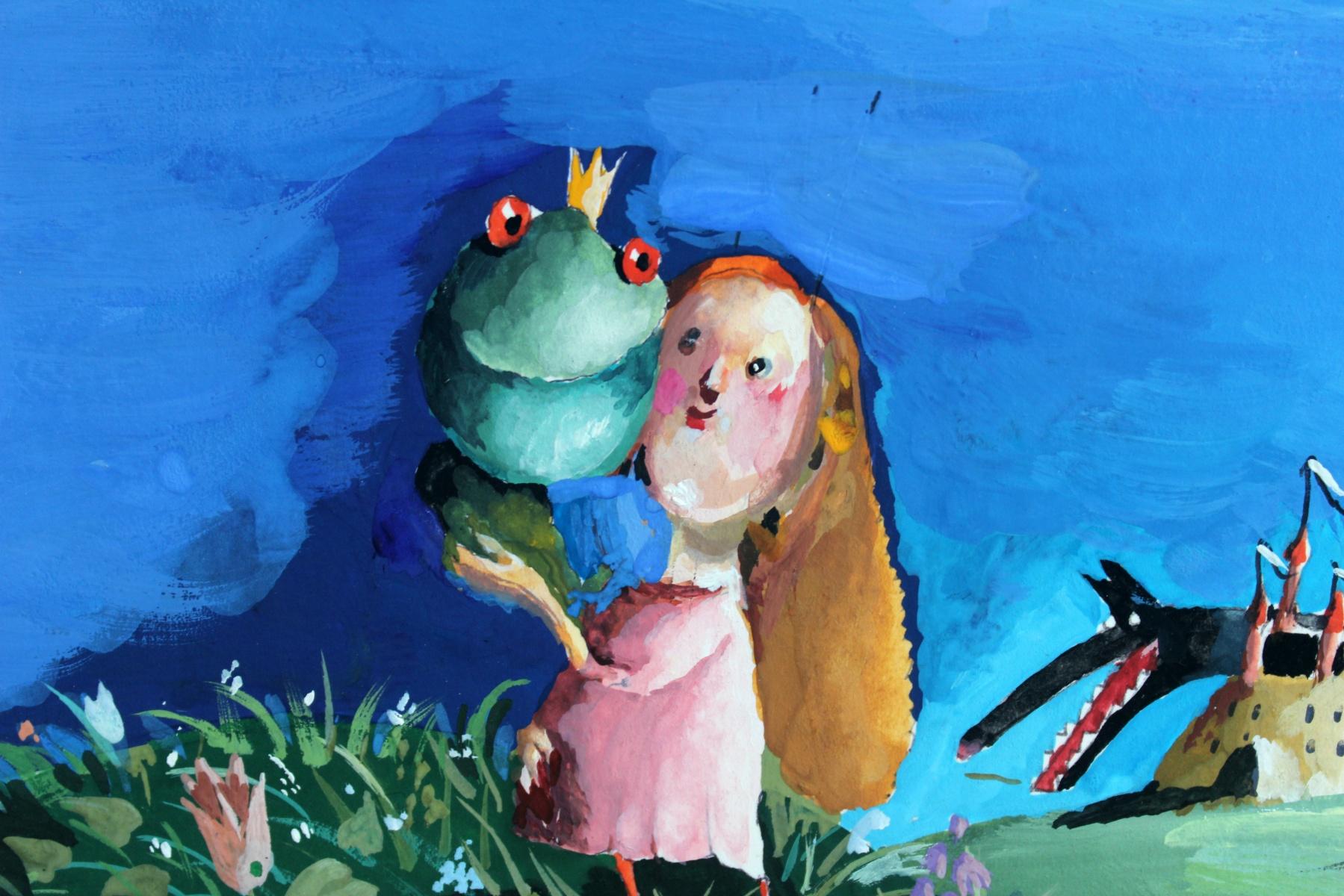 Enchanted frog - Gouache figurative drawing, Colourful, Fairy tale, Fantasy - Contemporary Art by Jadwiga Okrassa