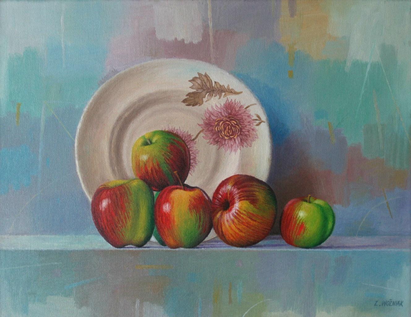 Still life, a plate and apples - Contemporary Figurative Oil Painting, Realistic
