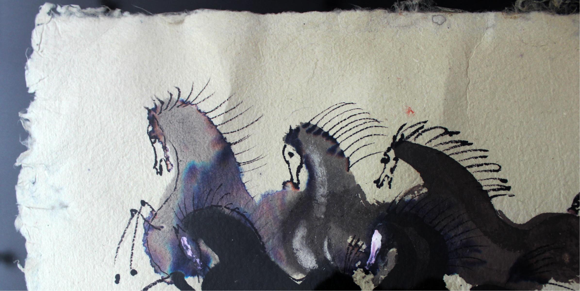 Horses' presentation - Figurative Painting, Animals, Classics, Art master - Beige Figurative Art by Jozef Wilkon