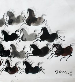 Black arabs - Figurative Gouache Painting, Animals, Horses, Classics Art master