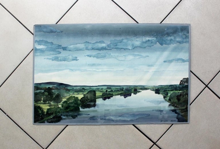River Narew - Contemporary Watercolor Painting, Blue and Green,  Water Landscape - Gray Landscape Art by Ludomir Slupeczanski