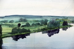 River Narew - Pittura ad acquerello contemporanea, Blu e Verde,  Paesaggio acquatico