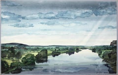 Río Narew - Pintura Contemporánea en Acuarela, Azul y Verde,  Paisaje acuático