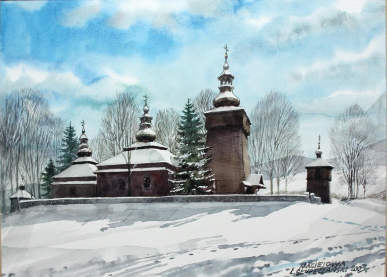 Ludomir Slupeczanski Landscape Art - Maciejowa - Contemporary Watercolor Painting, Winter landscape, Realistic 