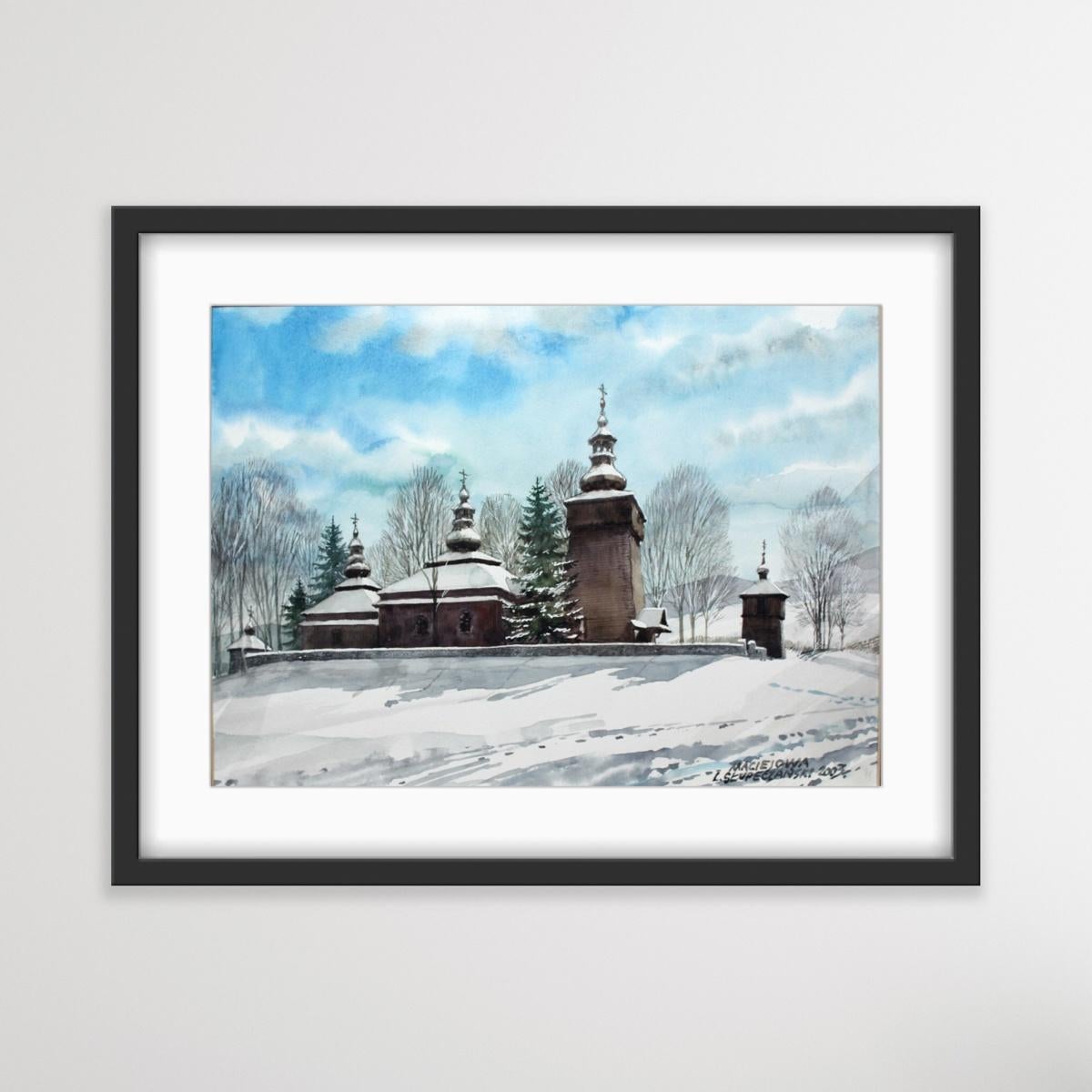 Maciejowa - Contemporary Watercolor Painting, Winter landscape, Realistic  - Photorealist Art by Ludomir Slupeczanski