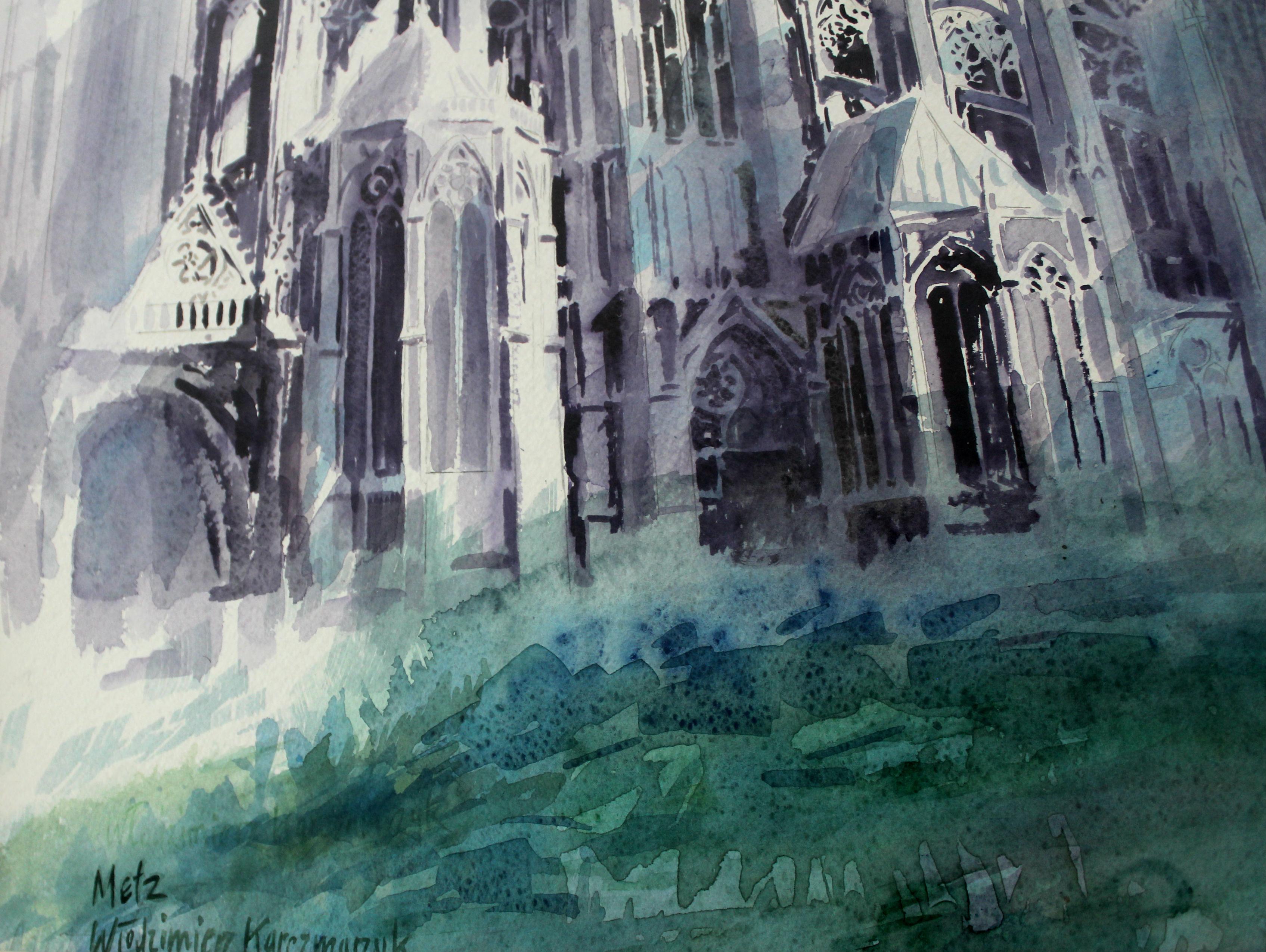 Metz Cathedral - XX century, Watercolor painting, Landscape, Architecture - Painting by Włodzimierz Karczmarzyk