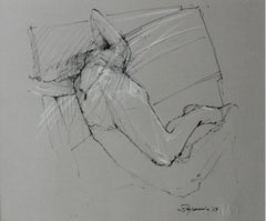 Nude - XXI Century Contemporary Mixed Media Drawing, Black and White, Figurative