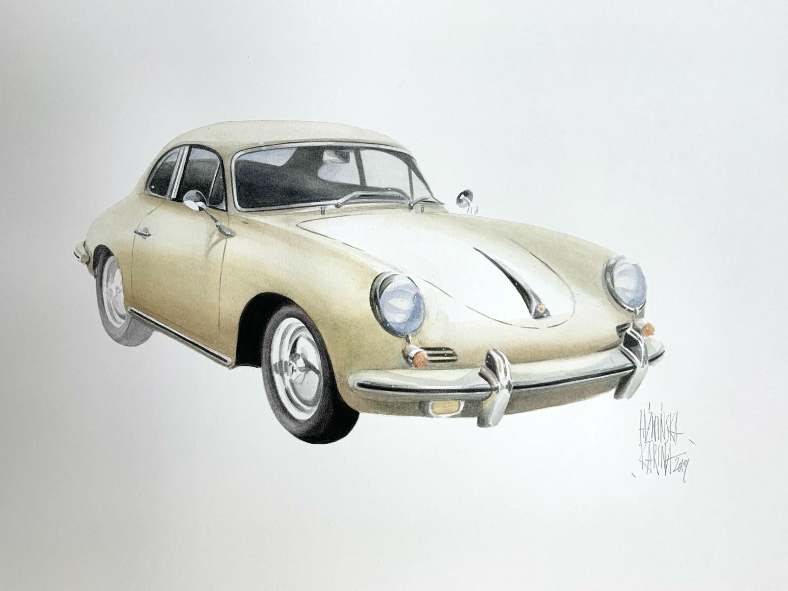 Karina Jaźwińska Figurative Art -   Porsche 356 bT - XXI century, Watercolour figurative, Cars, Vintage