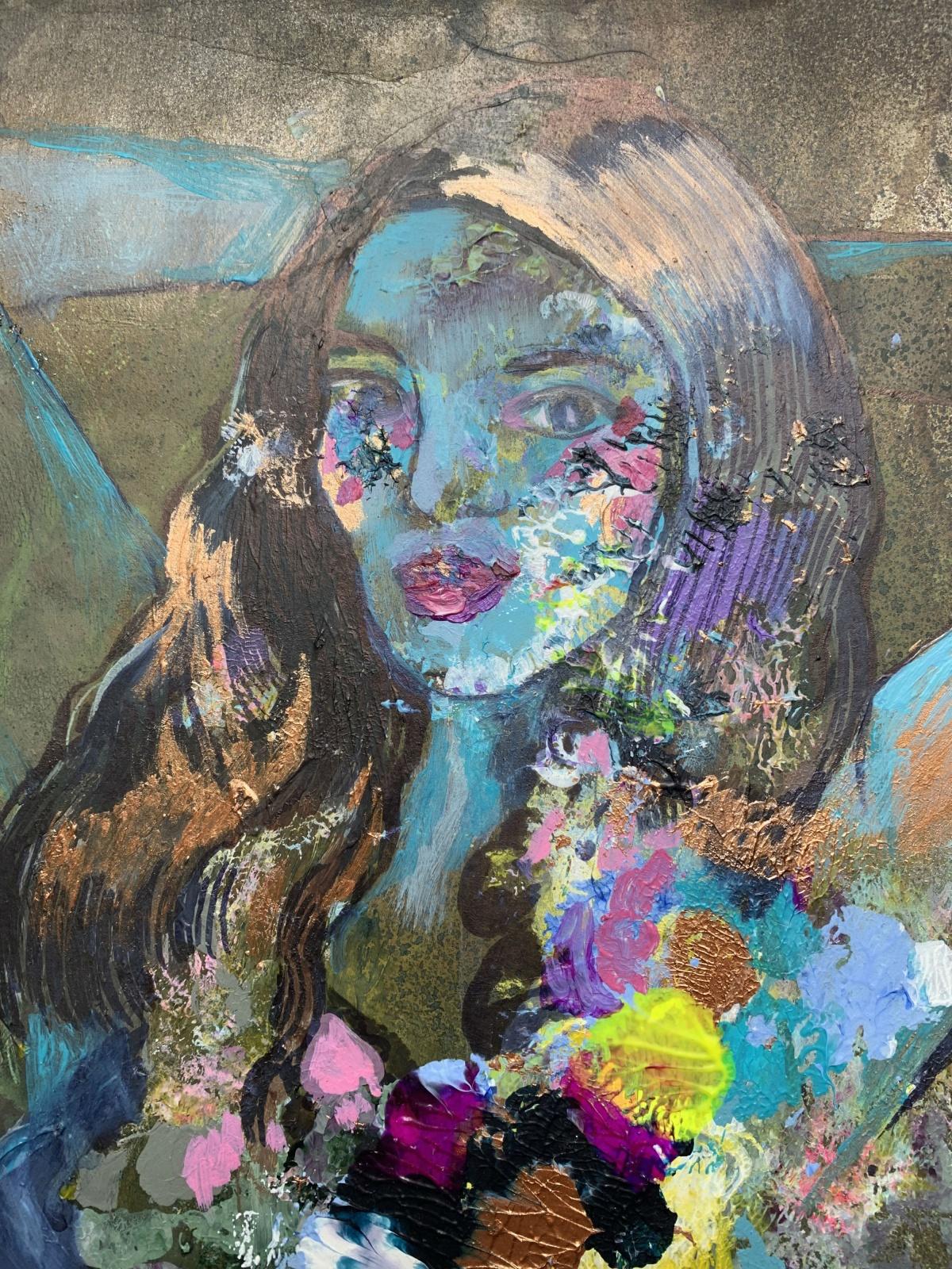 A blue lady - XXI century, Figurative Mixed Media Painting, Female Portrait 1