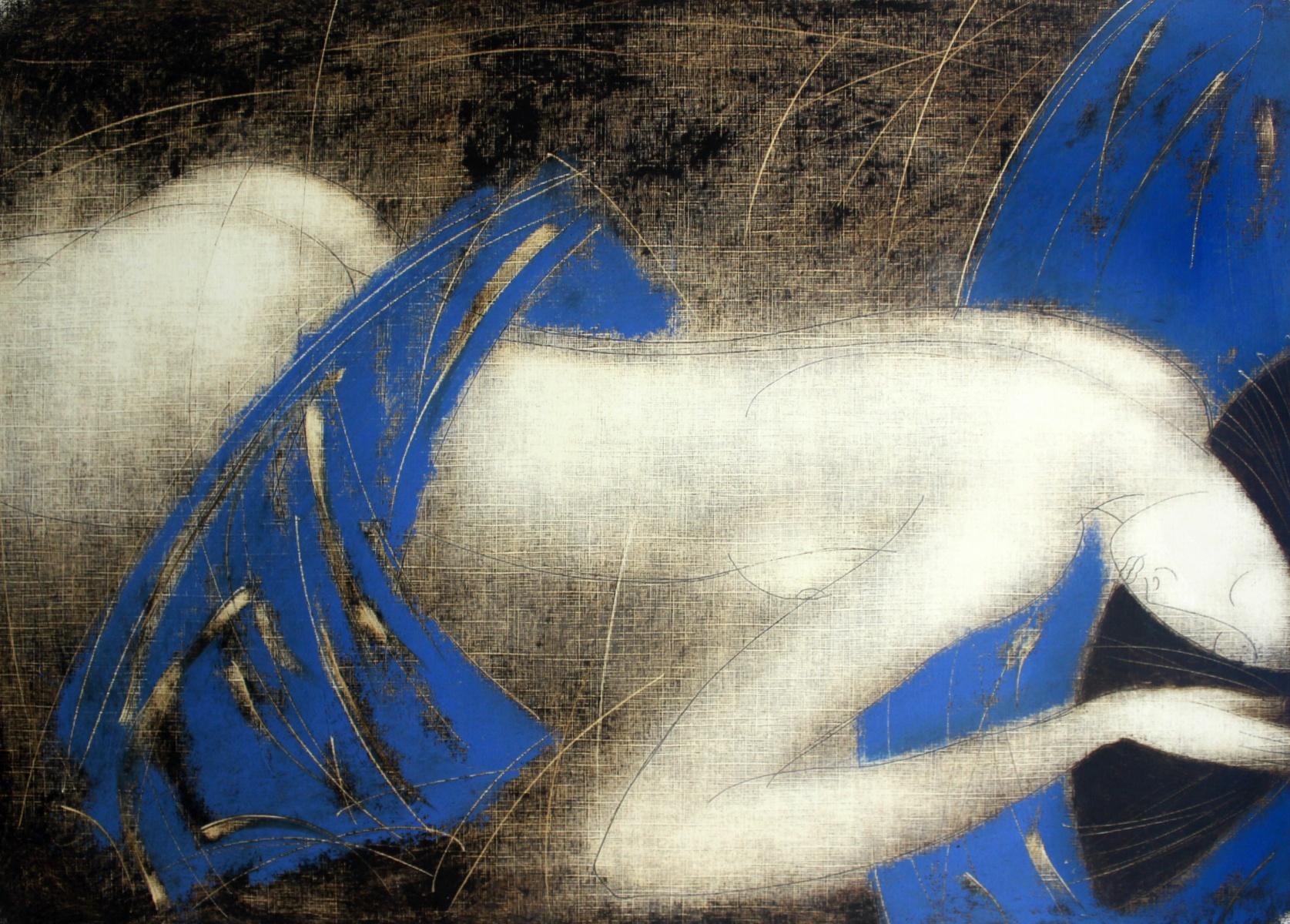 Nu - XXIe siècle, imprimé figuratif contemporain de monotype, bleu et gris