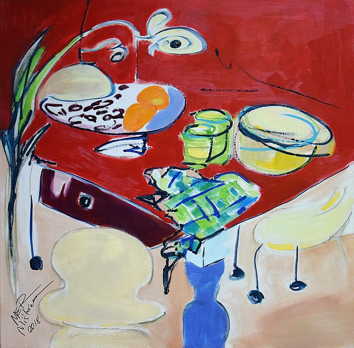 Marzena Miskiewicz Still-Life Painting – Roter Tisch - Stillleben des 20. Jahrhunderts, figuratives Ölgemälde, leuchtende Farben