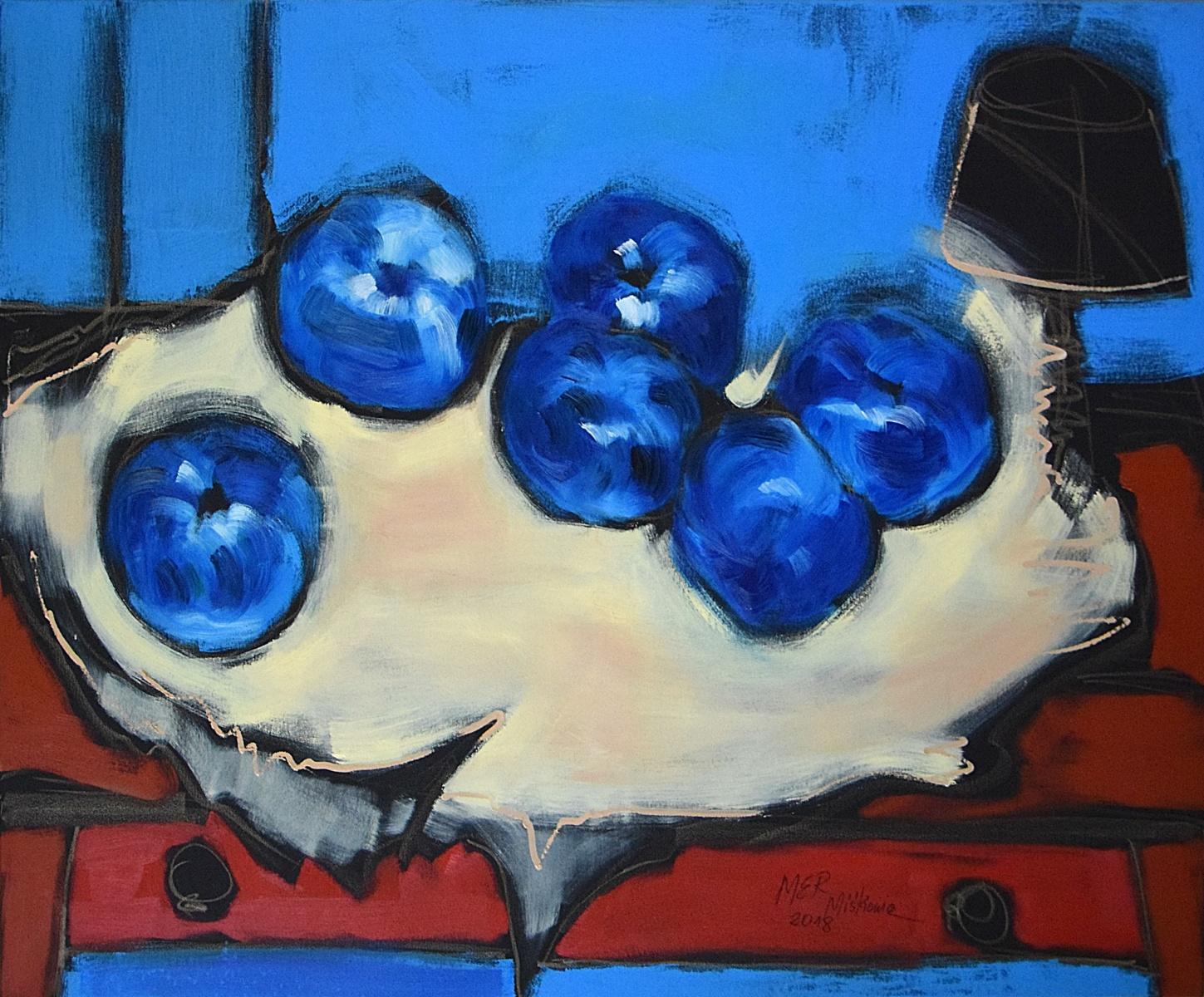 Marzena Miskiewicz Still-Life Painting - Blue apples - XX Century Still life, Figurative Oil Painting, Bright Colors