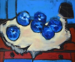 Blue apples - XX Century Still life, Figurative Oil Painting, Bright Colors