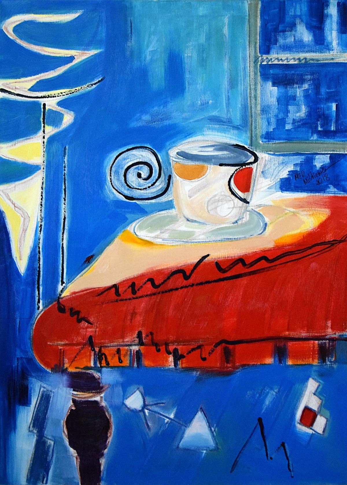 Still-Life Painting di Marzena Miskiewicz - Notturno con tazza da tè - Natura morta, Pittura a olio figurativa, Colori vivaci