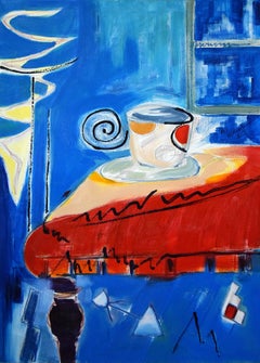 Nocturne avec tasse de thé - Nature morte, peinture à l'huile figurative, couleurs vives