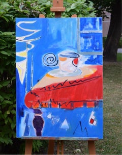 Nocturn with teacup – Stillleben, figuratives Ölgemälde, leuchtende Farben