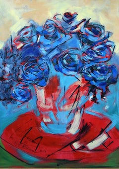 Blue roses - XXI Century, Still life, Figurative Oil Painting, Bright Colors