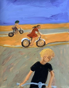 Bicyclettes - XXIe siècle, peinture à l'huile figurative contemporaine, couleurs vives