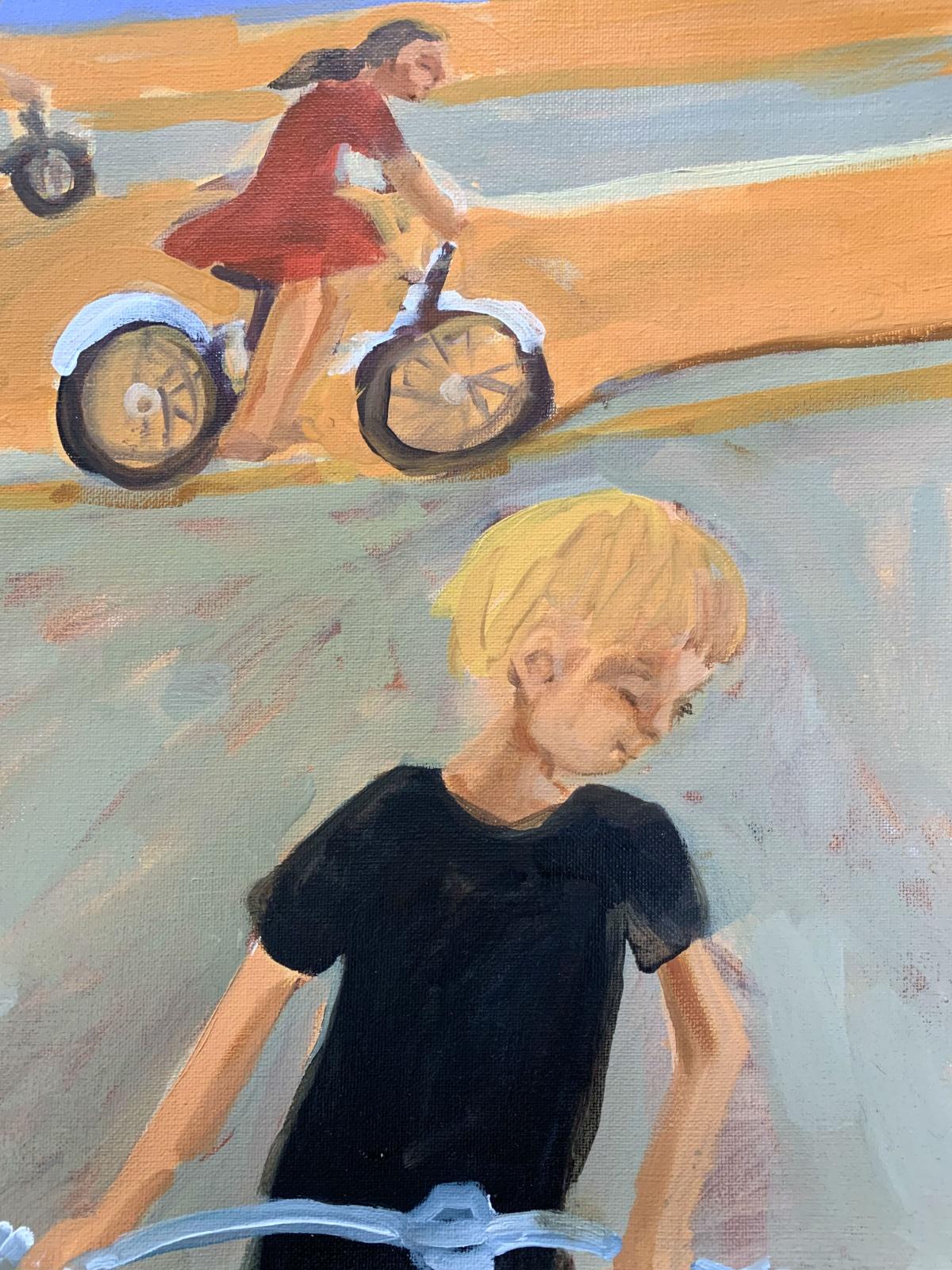 Bicycles – 21. Jahrhundert, Zeitgenössisches figuratives Ölgemälde, lebhafte Farben – Painting von Monika Rossa