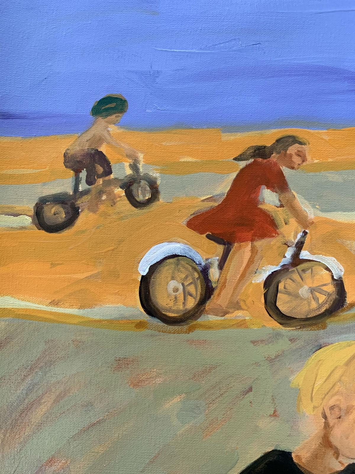 Bicycles – 21. Jahrhundert, Zeitgenössisches figuratives Ölgemälde, lebhafte Farben (Grau), Figurative Painting, von Monika Rossa